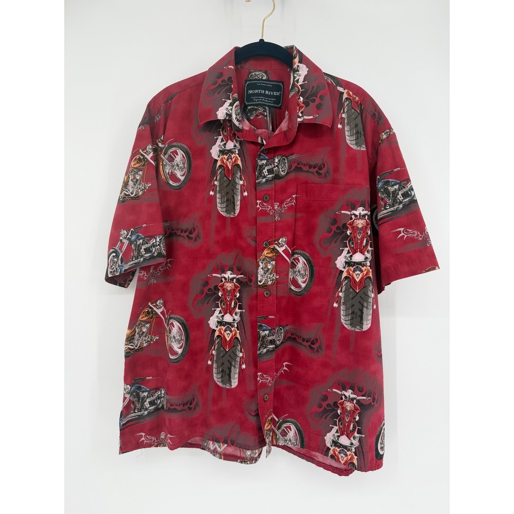 North River Mens Red Motorcycle Biker Chopper Tribal Eagle Print Button Up Shirt